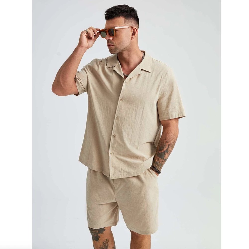 SHEIN Men's Tan Short Sleeve Shirt and Shorts Set